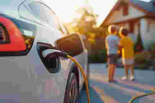 Foto: E-Auto wird aufgeladen im Hintergrund zwei Kinder